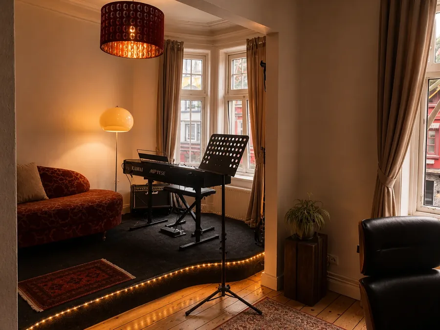 Aufnahmeraum — Keyboard, Mic-Ständer, warmes Licht